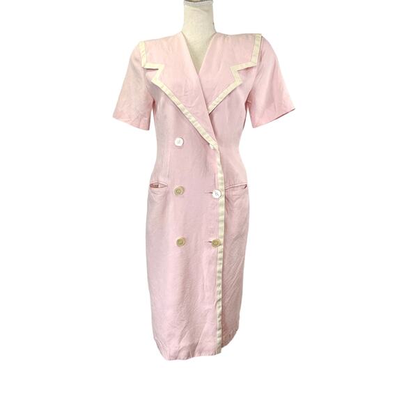Vintage 90s Statement Lapel Midi Dress Pink Charter Club Linen Blend Secretary - Picture 1 of 7